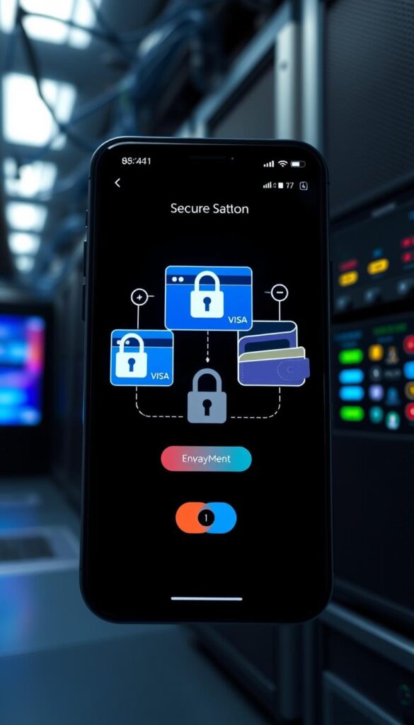 A secure payment interface for the Hoxtoon Provider IPTV service, showcasing an encrypted transaction process. In the foreground, a smartphone screen displays a seamless mobile payment flow, with padlock icons and secure connection indicators. The middle ground features a bank card and digital wallet, symbolizing the safe and reliable payment options. The background subtly depicts data lines and server racks, alluding to the robust infrastructure that underpins the Hoxtoon Provider's security measures. The overall scene conveys a sense of trust, privacy, and technical sophistication, crucial for the "Security and Privacy Features" section of the article.
