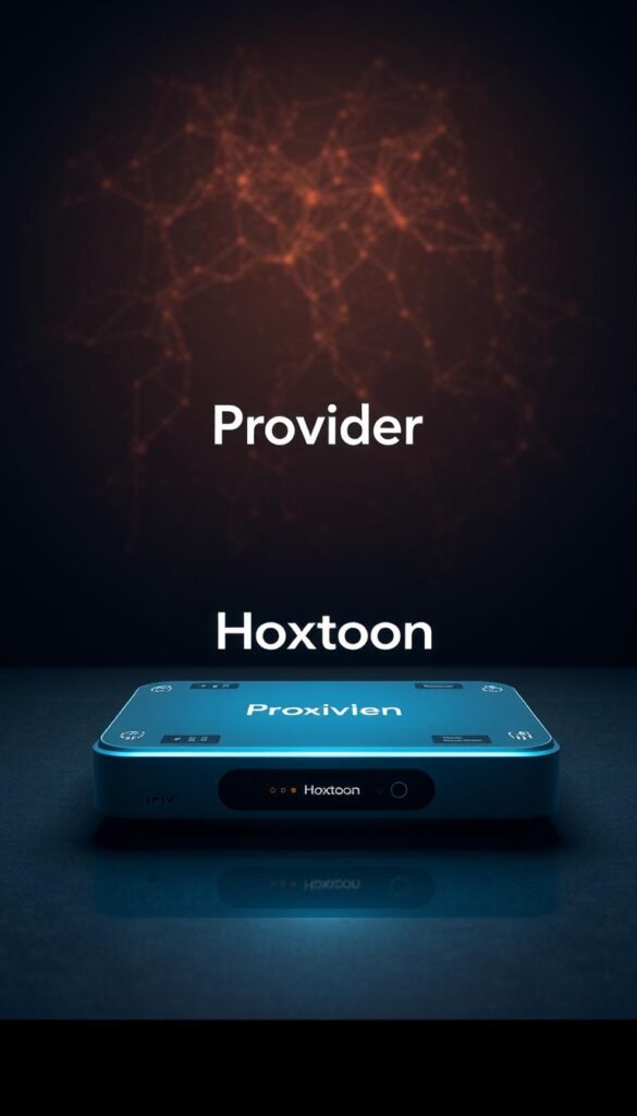 A serene and futuristic scene of a sleek, ultramodern media hub displaying the "Hoxtoon Provider" brand prominently. The foreground features a minimalist, floating holographic interface with intuitive controls and glowing indicators, conveying the seamless and buffer-free IPTV experience. The middle ground showcases a sophisticated, high-tech device with a clean, angular design and subtle lighting accents. The background is a deep, richly-textured void, creating a sense of depth and emphasizing the cutting-edge nature of the Hoxtoon solution. The overall atmosphere is one of advanced technology, efficiency, and a futuristic, premium aesthetic.