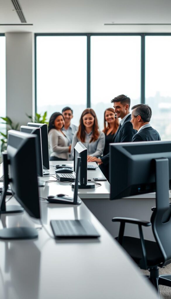 A serene and professional office setting with a Hoxtoon Provider customer support desk in the foreground. The desk is meticulously organized, with a high-end computer setup, sleek monitors, and discreet lighting. In the middle ground, a team of customer service representatives assist clients, their faces reflecting a friendly and attentive demeanor. The background showcases a minimalist, modern interior design with large windows that flood the space with natural light, creating a calming and inviting atmosphere. The overall scene conveys a sense of reliability, expertise, and a commitment to providing a premium IPTV streaming experience.
