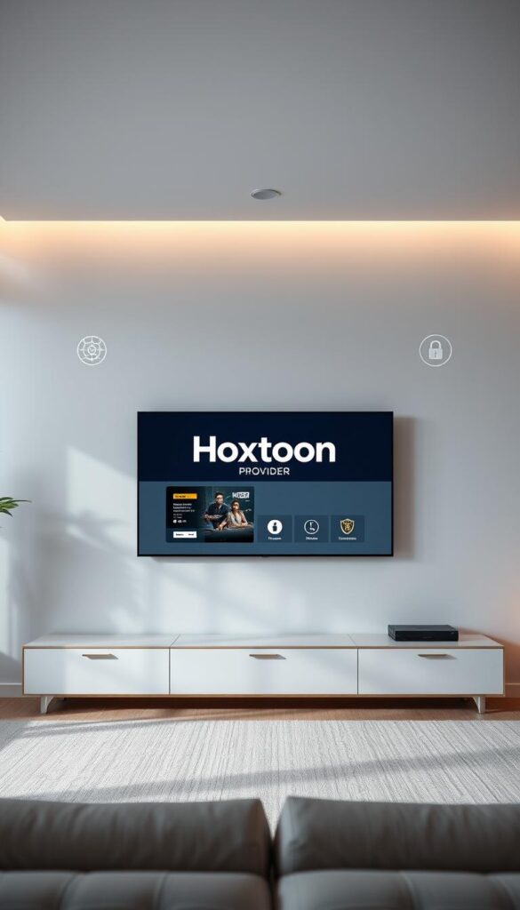A serene digital living room with a sleek, modern TV display showcasing the Hoxtoon Provider logo. The screen displays a secure IPTV catch-up interface, featuring crisp high-definition content and intuitive navigation controls. Soft ambient lighting accentuates the clean, minimalist design aesthetic, conveying a sense of trustworthiness and reliability. In the background, subtle network topology diagrams and security symbols suggest the robust technological infrastructure powering the IPTV service. The overall composition radiates a professional, enterprise-grade impression of legal and secure IPTV catch-up capabilities.
