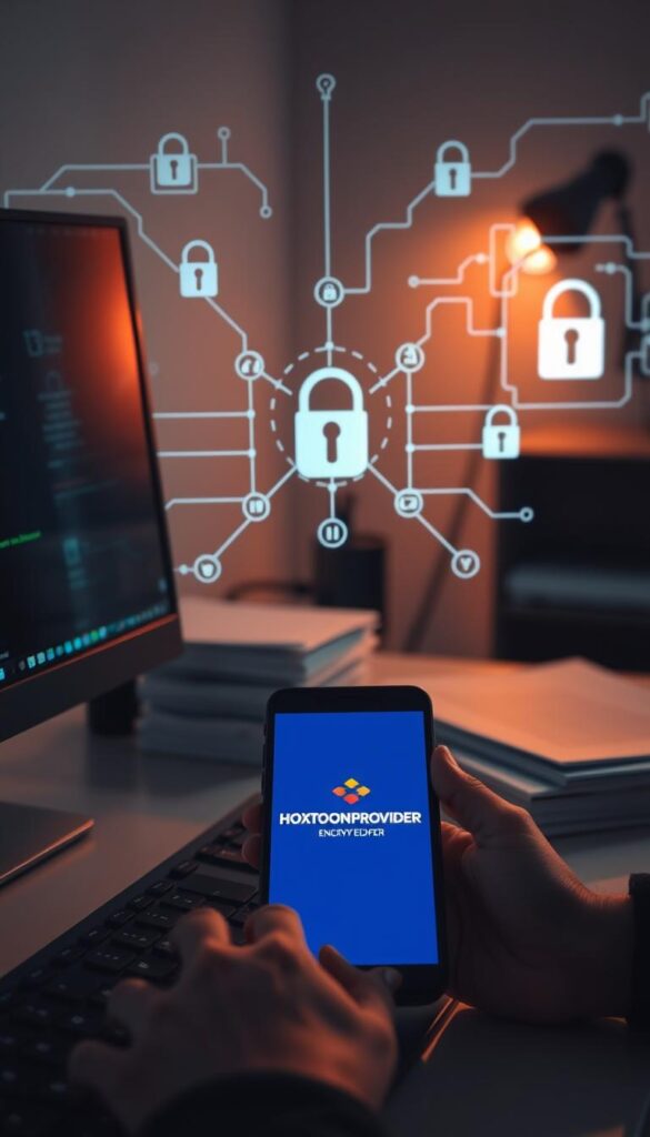 A serene home office setting with a desktop computer, a stack of documents, and a mobile device displaying the Hoxtoon Provider logo. The scene is illuminated by soft, diffused lighting, creating a sense of professionalism and security. The foreground features a pair of hands typing on the keyboard, while the middle ground showcases a network diagram and security icons, highlighting the technical aspects of IPTV security measures. The background subtly incorporates encrypted data streams and a secure network infrastructure, conveying the importance of privacy and protection when using the Hoxtoon Provider service.