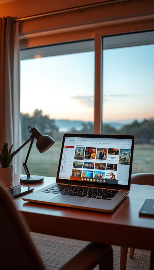 A serene home office setup with a laptop showcasing the Hoxtoon Provider IPTV Premium APK free trial interface. Soft, warm lighting illuminates the desk, creating a cozy and inviting atmosphere. The laptop's screen displays a clean, user-friendly interface with a range of streaming options, enticing the viewer to explore the possibilities of IPTV. In the background, a large window offers a tranquil outdoor view, complementing the overall sense of relaxation and entertainment. The composition balances the digital and the physical, conveying the convenience and accessibility of the IPTV Premium APK.