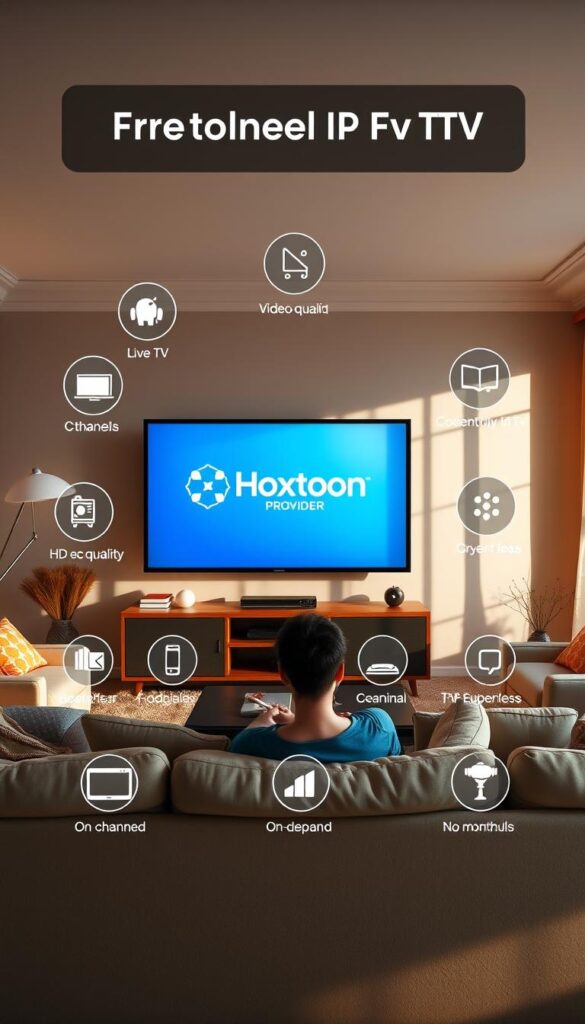 A serene living room scene featuring a large TV screen showcasing the Hoxtoon Provider logo, surrounded by various icons and graphics representing the benefits of a free lifetime IPTV subscription. The room is bathed in warm, natural lighting, with comfortable furniture and cozy accents. In the foreground, a person sits relaxed on a plush sofa, enjoying the entertainment options. The middle ground showcases various icons, such as HD video quality, live TV channels, on-demand content, and no monthly fees. The background features a calm, minimalist setting, emphasizing the tranquility and convenience of the free lifetime IPTV subscription provided by Hoxtoon Provider.