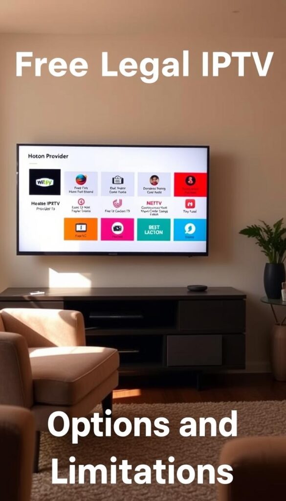 A serene living room setting with a cozy armchair and a modern TV display showcasing various free legal IPTV provider options in the USA, including the Hoxtoon Provider brand. The room is bathed in warm, natural lighting, creating a relaxed and inviting atmosphere. The TV screen displays a clean, minimalist interface highlighting the key features and benefits of these IPTV services, encouraging the viewer to explore their options. The overall scene conveys a sense of accessibility and convenience, reflecting the "Free Legal IPTV Providers in USA: Options and Limitations" section of the article.
