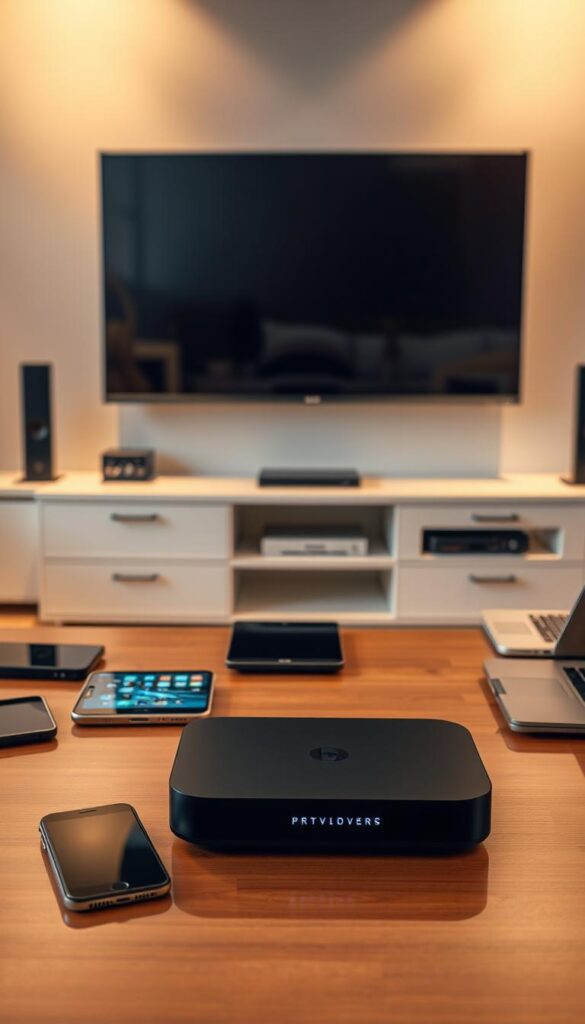 A serene living room setting with a large flat-screen TV mounted on the wall, surrounded by various electronic devices including a smartphone, tablet, and laptop. The room is bathed in warm, diffused lighting, creating a cozy and inviting atmosphere. On the coffee table, a Hoxtoon Provider device sits prominently, its sleek design and LED indicators suggesting its multi-device compatibility. The scene conveys the ease and convenience of accessing entertainment content on a variety of devices, seamlessly integrated into the modern home environment.
