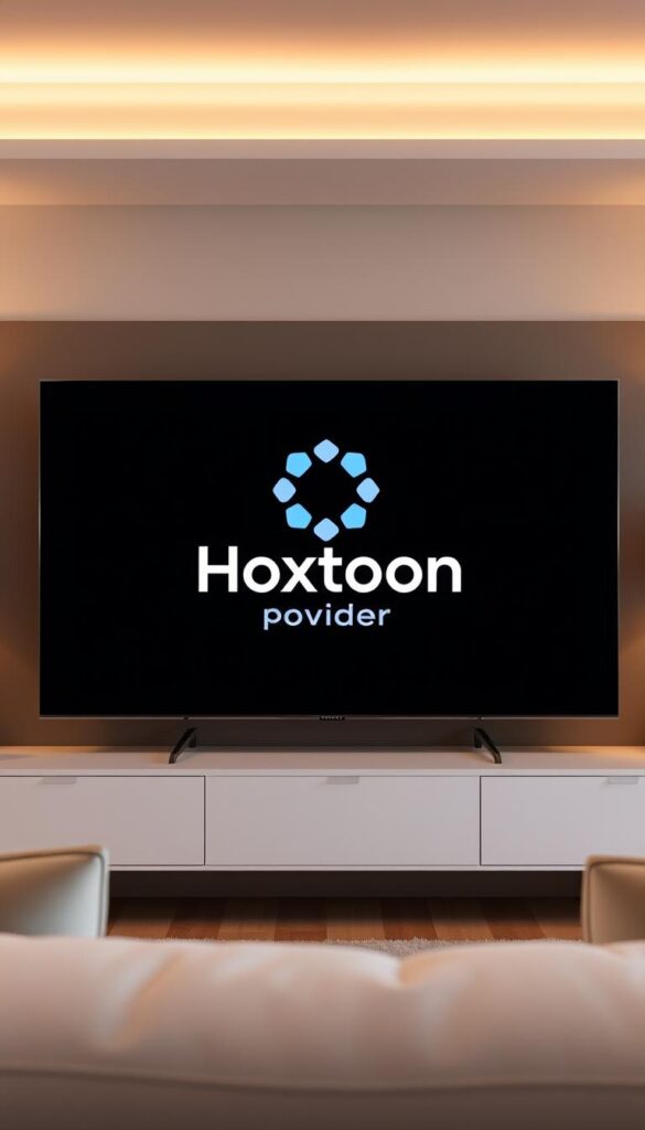 A serene living room setting with a sleek, modern television displaying the "Hoxtoon Provider" logo against a backdrop of a cozy, well-lit interior. Soft ambient lighting casts a warm glow, accentuating the clean lines and minimalist decor. The television screen is crystal clear, showcasing a seamless, buffer-free video playback experience, reflecting the reliable and high-quality services of Hoxtoon IPTV. The overall scene conveys a sense of comfort, technology, and the effortless enjoyment of premium entertainment.
