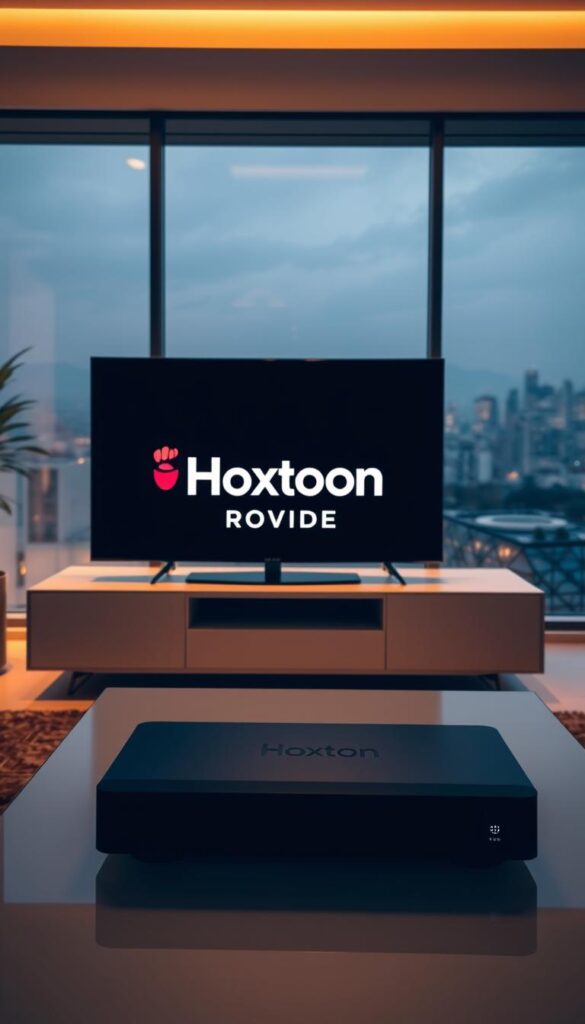 A serene living room setup with a sleek, modern television displaying the Hoxtoon Provider logo. The room is bathed in warm, soft lighting, creating a cozy and inviting atmosphere. On the coffee table, a high-end streaming device sits prominently, its design echoing the clean lines of the television. Through the large windows, a cityscape can be seen in the background, hinting at the reliability and widespread availability of the Hoxtoon IPTV service. The overall scene conveys a sense of technical performance, streaming quality, and the ease of use that the Hoxtoon Provider offers.