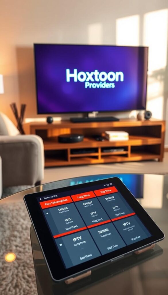 A serene living room with a comfortable couch and a large TV screen displaying the Hoxtoon Provider logo. The room is filled with warm, natural lighting, creating a cozy and inviting atmosphere. On a glass coffee table in the foreground, a tablet showcases various IPTV subscription plans, highlighting the affordable long-term options available from Hoxtoon Provider. The overall scene conveys a sense of convenience, reliability, and value, making it an ideal representation for the "Is HOXTOON Right for You? Ideal User Profiles" section of the article.