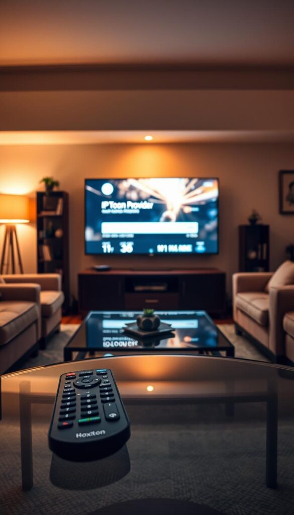 A serene living room with a large flat-screen TV displaying a buffering IPTV interface. The room is bathed in warm, diffused lighting, creating a cozy atmosphere. In the foreground, a Hoxtoon Provider remote control sits on a glass coffee table, hinting at the solution to the buffering issue. The middle ground features a plush sofa and armchair, inviting the viewer to relax and enjoy uninterrupted IPTV streaming. The background showcases a bookshelf and a few framed artworks, lending an air of sophistication. The overall scene conveys a sense of frustration with the buffering problem, but also the promise of a reliable Hoxtoon Provider solution to resolve the issue.