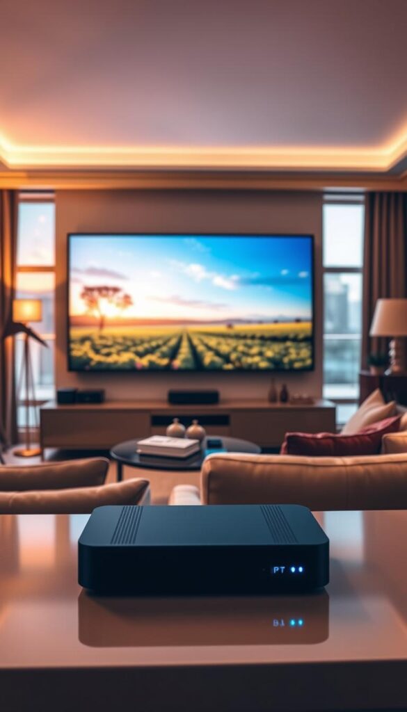 A serene living room with a large flat-screen TV displaying a crisp, high-definition IPTV stream. The scene is bathed in warm, diffused lighting, creating a cozy and inviting atmosphere. In the foreground, a sleek, modern media console houses the Hoxtoon Provider streaming device, its subtle LED indicators signaling reliable, high-quality performance. The middle ground features plush, comfortable seating, inviting the viewer to settle in and enjoy the seamless, lag-free viewing experience. The background showcases elegant decor and large windows, hinting at the tranquility and connectivity of the space. The overall image conveys the technical excellence and reliability of the Hoxtoon Provider IPTV service, setting the stage for an immersive and enjoyable streaming experience.