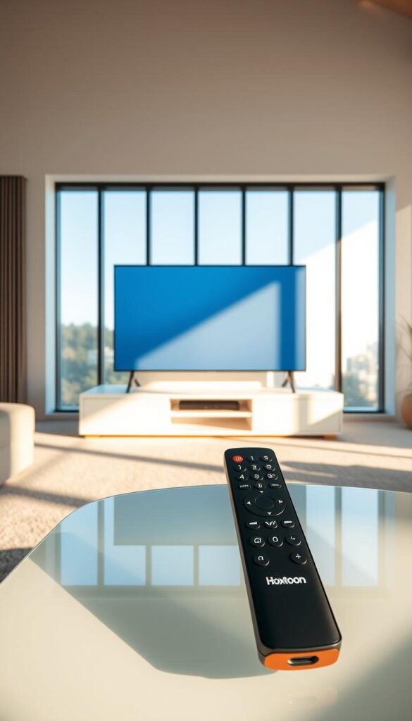 A serene living room with a large, modern television set displaying a crisp, buffer-free IPTV stream. Sunlight filters through tall windows, casting a warm glow on the minimalist furnishings. In the foreground, a Hoxtoon Provider remote control sits on a sleek, glass coffee table, symbolizing the effortless, high-quality streaming experience. The room's neutral tones and clean lines create a sense of tranquility, mirroring the seamless, uninterrupted viewing provided by the Hoxtoon IPTV service. The overall scene conveys a feeling of comfort and technological sophistication.