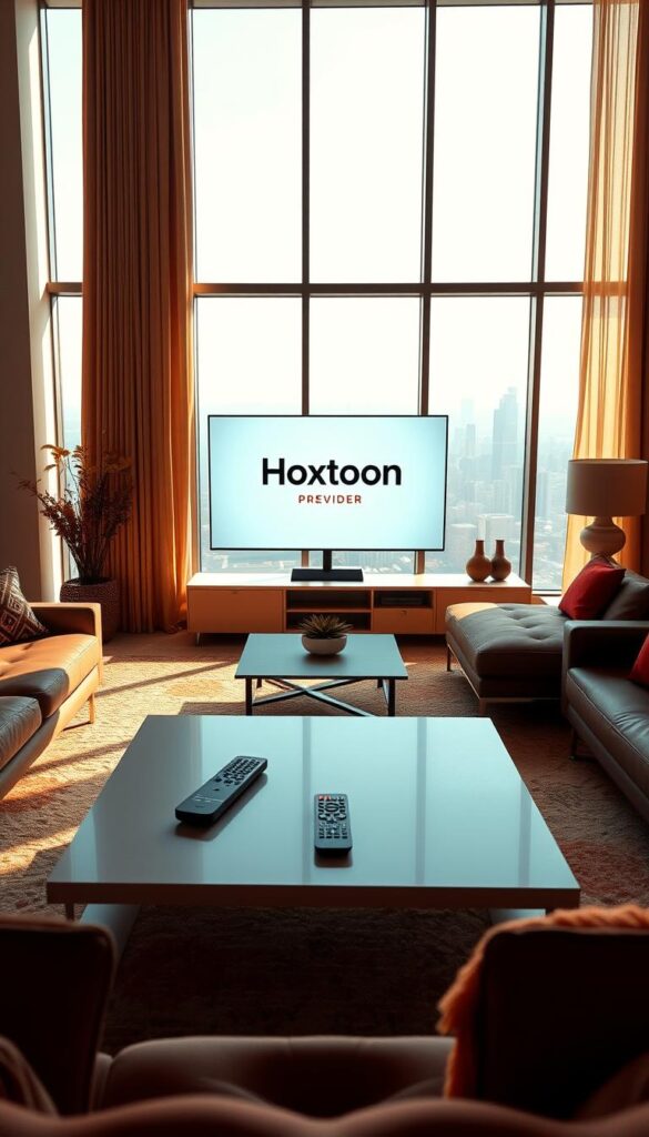 A serene, modern living room with sleek furniture and large windows overlooking a cityscape. In the center, a flat-screen TV displays the "Hoxtoon Provider" brand logo, showcasing its premium IPTV service with a vast selection of over 21,000 live channels. The room is bathed in warm, natural lighting, creating a cozy and inviting atmosphere. In the foreground, a minimalist coffee table holds a remote control, highlighting the ease of accessing Hoxtoon's vast content library across multiple devices. The middle ground features stylish accents and decor, complementing the high-end IPTV experience. The background depicts the bustling city outside, emphasizing Hoxtoon's global reach and comprehensive coverage.