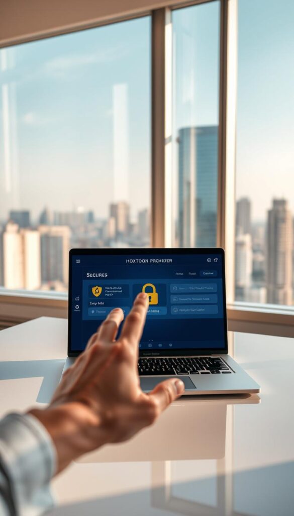 A serene, modern office setting with a large window overlooking a cityscape. On the desk, a sleek laptop displays a Hoxtoon Provider IPTV interface, showcasing secure encryption and access controls. The lighting is soft and warm, creating an atmosphere of professionalism and data privacy. In the foreground, a hand hovers over the laptop, suggesting the user's diligence in safeguarding their IPTV service. The overall scene conveys the importance of IPTV security and the Hoxtoon Provider's commitment to protecting user data and privacy.