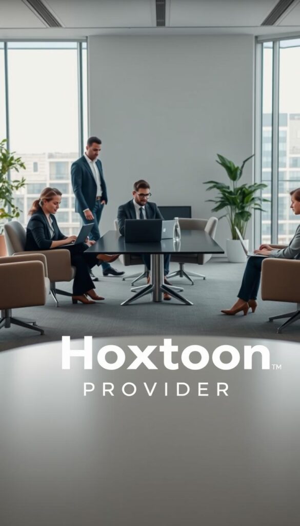 A serene office environment showcasing the "Hoxtoon Provider" brand. In the foreground, a professional team of industry experts collaborate on laptops, their expressions conveying a sense of compliance and trust. The middle ground features an elegant conference table surrounded by comfortable chairs, exuding a sophisticated, corporate atmosphere. In the background, floor-to-ceiling windows allow natural light to flood the space, creating a bright and airy ambiance. The overall scene radiates an atmosphere of transparency, legality, and responsible IPTV service delivery.