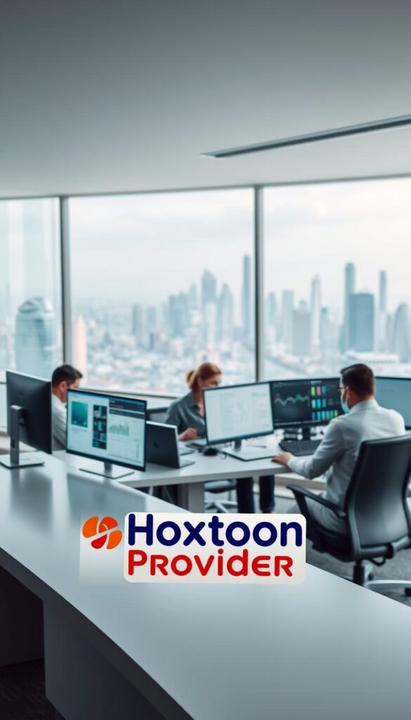 A serene office space with a team of professionals diligently managing IPTV operations. In the foreground, the "Hoxtoon Provider" logo is prominently displayed on a sleek desk, conveying a sense of authority and reliability. The middle ground features several employees reviewing data on modern computer screens, their expressions focused and attentive. The background showcases a panoramic view of a bustling city skyline, hinting at the company's national reach and scale. Soft, diffused lighting creates a professional, yet welcoming atmosphere, while the use of neutral tones and clean lines reflects the company's commitment to compliance and trustworthiness.