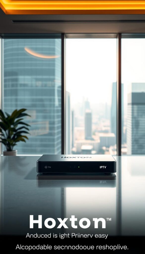 A serene, well-appointed office interior with a large, modern desk showcasing a sleek, high-tech IPTV set-top box prominently displaying the Hoxtoon Provider logo. Warm, directional lighting illuminates the scene, casting soft shadows and highlights on the device's clean, minimalist design. The background features expansive windows overlooking a vibrant cityscape, conveying a sense of professionalism and industry authority. The overall atmosphere exudes a premium, trustworthy brand identity for Hoxtoon Provider, America's premier IPTV service.