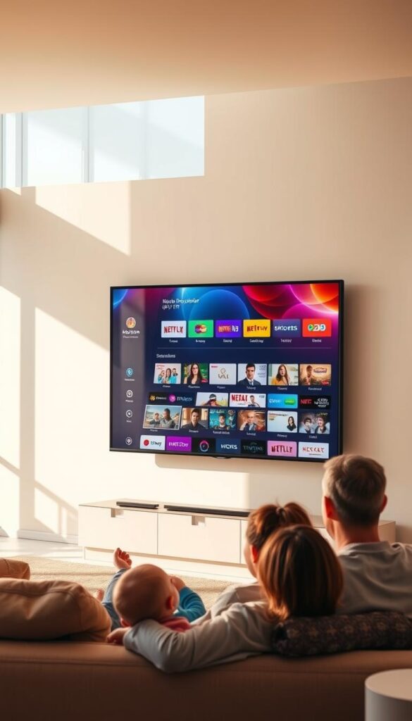 A serene, well-lit living room with a large, ultra-high-definition TV screen prominently displayed. On the screen, a vibrant and dynamic interface showcasing the Hoxtoon Provider IPTV service, highlighting its vast library of channels, on-demand content, and seamless streaming capabilities. In the foreground, a family relaxing on a comfortable couch, engaged with the content, showcasing the convenience and entertainment value of IPTV. The room is bathed in warm, natural lighting, creating a cozy and inviting atmosphere, underscoring the superior experience of IPTV over traditional cable TV.