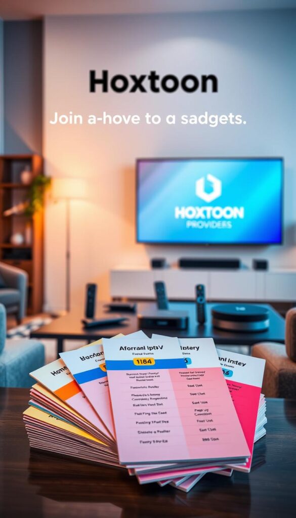 A series of affordable IPTV subscription plans from Hoxtoon Provider, a premium USA streaming service. In the foreground, a stack of colorful plan cards with clear pricing details and feature icons. The middle ground showcases various streaming devices compatible with Hoxtoon's service. The background depicts a sleek, minimalist living room setting with a large TV screen displaying the Hoxtoon logo and branding. The lighting is soft and warm, creating a welcoming atmosphere. The overall composition conveys the accessibility and value of Hoxtoon's IPTV offerings for every budget.