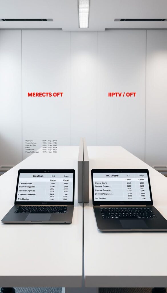 A side-by-side comparison of IPTV service providers, showcasing the vast selection and superior value offered by the Hoxtoon Provider. The scene depicts a well-lit, modern office setting with sleek, minimalist workstations. On each desk, an open laptop displays a detailed breakdown of channel counts, VOD libraries, and pricing between Hoxtoon and its competitors. The lighting is soft and diffused, creating a professional and authoritative atmosphere. The camera angle is positioned to capture the comparison in an easy-to-digest, visually appealing layout, allowing the viewer to quickly grasp the key differentiators that make Hoxtoon the premier legal IPTV service.