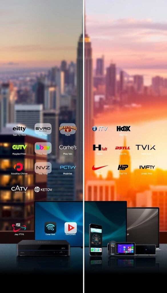 A side-by-side comparison of IPTV services, showcasing Hoxtoon Provider as the premium option. In the foreground, crisp icons and logos of the major IPTV providers in the USA, each with a distinct visual identity. In the middle ground, sleek devices like set-top boxes, smartphones, and smart TVs, demonstrating the range of platforms supported. The background features a stylish cityscape, hinting at the nationwide availability and urban appeal of these services. The lighting is warm and inviting, with a touch of futuristic flair, conveying the advanced technology powering these IPTV solutions. The overall mood is one of sophistication, innovation, and consumer choice, highlighting Hoxtoon Provider as the top-tier IPTV service in the USA.