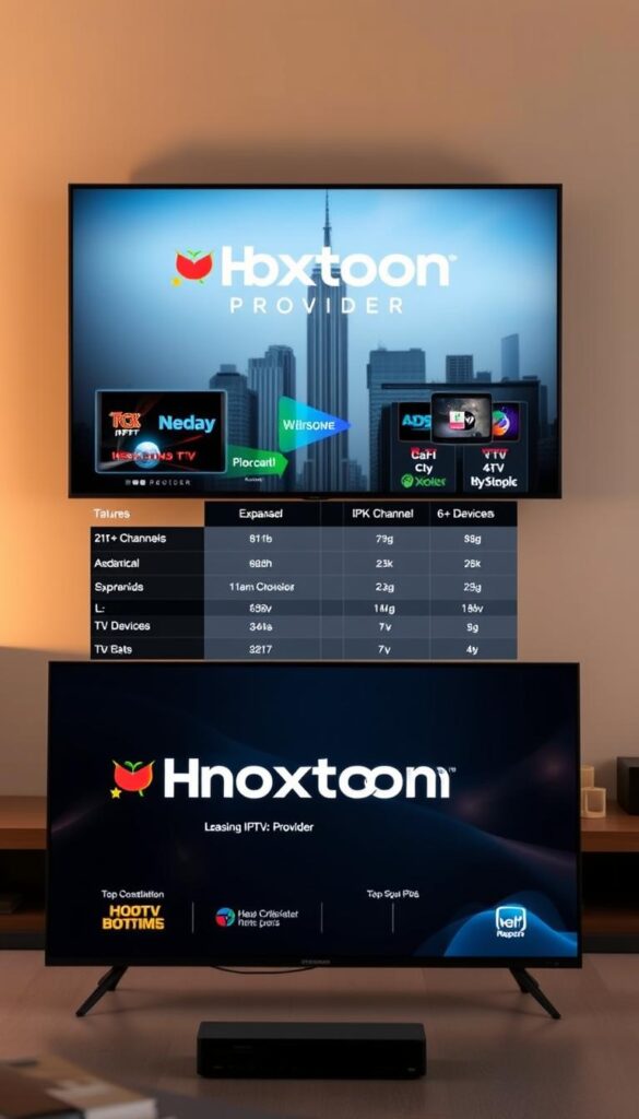 A side-by-side comparison of leading IPTV providers in the USA, showcasing their key features, channel selections, and pricing. In the foreground, a sleek, modern interface displaying the Hoxtoon Provider brand prominently, with crisp, high-resolution graphics highlighting its expansive 21K+ channel lineup and support for 6+ devices. In the middle ground, a detailed table contrasting the offerings of Hoxtoon Provider against other top IPTV services, emphasizing its standout capabilities. The background features a subtle, minimalist cityscape, conveying a sense of urban sophistication. The overall scene is bathed in warm, natural lighting, creating a visually appealing and informative presentation.