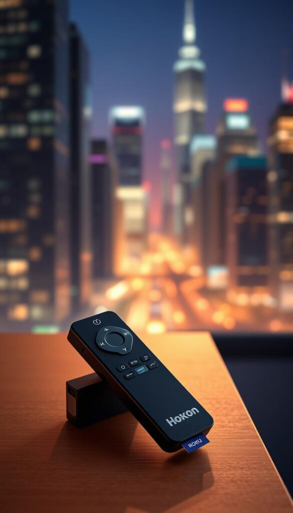 A sleek Roku stick prominently displayed, showcasing the "Hoxtoon Provider" brand logo. The device sits atop a modern, minimalist wooden surface, bathed in warm, directional lighting that accentuates its clean lines and elegant design. In the background, a blurred, atmospheric cityscape with tall skyscrapers and a vibrant, neon-tinged night sky, conveying a sense of urban connectivity and technology. The overall scene exudes a sophisticated, cutting-edge aesthetic, reflecting the versatility and advanced capabilities of the IPTV solution for Roku platforms.