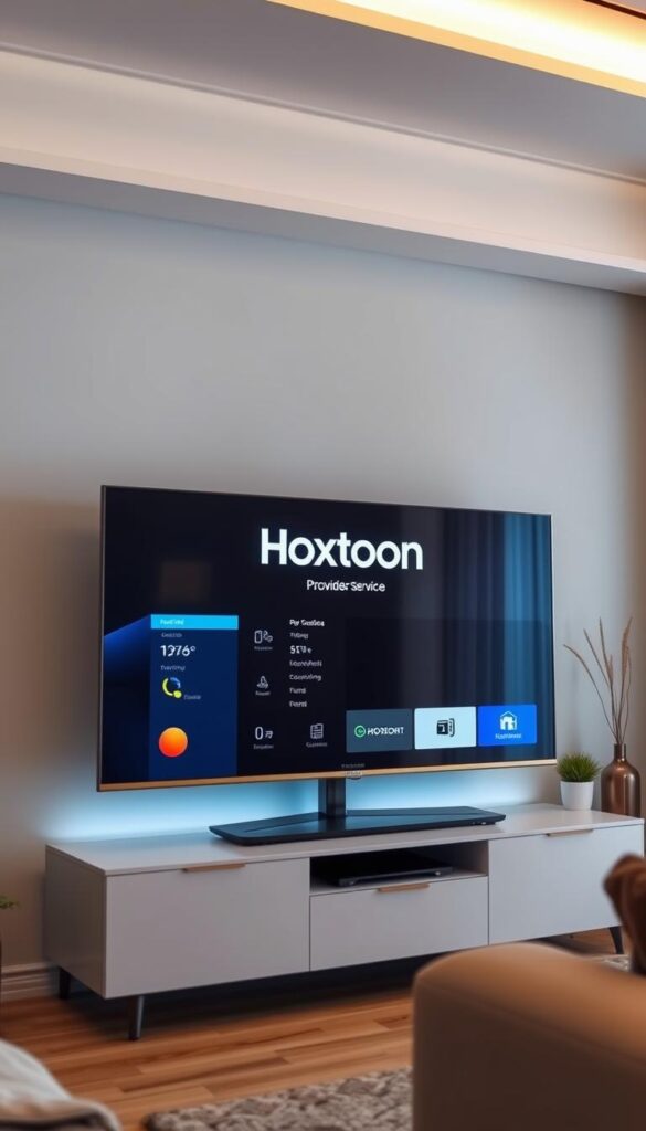 A sleek Samsung Smart TV standing prominently in a modern living room, the screen displaying the Hoxtoon Provider logo and IPTV service interface. Soft ambient lighting illuminates the scene, emphasizing the TV's premium design and crystal-clear display. The TV is placed on a minimalist TV stand, with a few decorative plants and a cozy sofa in the background, creating a welcoming and tech-savvy atmosphere. The composition is balanced, with the Samsung TV taking center stage, showcasing its ideal suitability for an immersive IPTV experience.