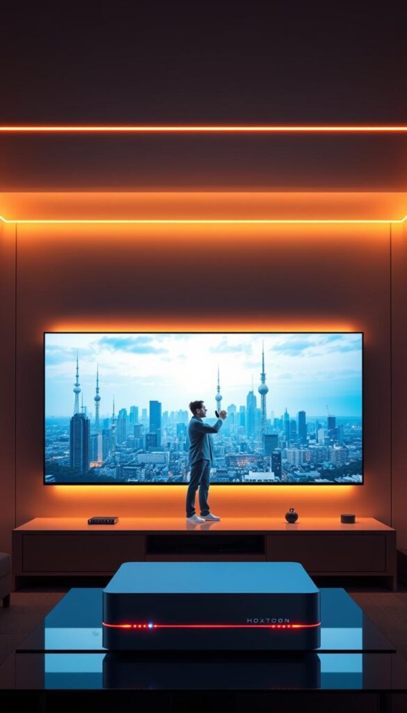 A sleek and futuristic illustration of IPTV technology, depicting a living room setting with a large, high-definition television screen as the centerpiece. In the foreground, a state-of-the-art Hoxtoon Provider set-top box sits atop a modern media console, its minimalist design and LED indicator lights hinting at the advanced capabilities within. The middle ground showcases a user interacting with a smart remote control, navigating through a seamless and intuitive on-screen interface. In the background, a panoramic view of a city skyline, with skyscrapers and communication towers, symbolizing the expansive network infrastructure that powers IPTV. The scene is bathed in a warm, ambient lighting, creating a cozy and immersive atmosphere, reflecting the evolution of television entertainment.