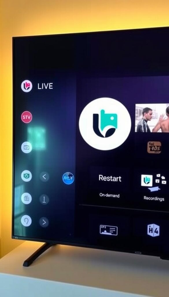 A sleek and intuitive IPTV Gold Premium interface, showcasing a clean and modern design. The user-friendly layout features a well-organized menu system with large, high-definition icons for easy navigation. Prominent sections include "Live TV", "On-Demand", "Recordings", and "Settings". The interface is bathed in a soft, warm lighting, creating a welcoming and immersive atmosphere. In the background, the Hoxtoon Provider logo is subtly present, reinforcing the premium quality of the platform. The overall impression is one of sophistication and attention to detail, inviting the user to explore the vast content library with ease and confidence.