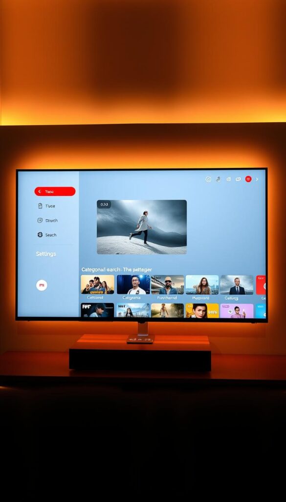 A sleek and intuitive IPTV user interface designed by Hoxtoon Provider. The home screen features a clean layout with a prominent video player in the center, surrounded by a grid of thumbnails for live channels and on-demand content. The sidebar menu provides easy access to categories, search, and settings. The overall design exudes a modern, minimalist aesthetic with subtle gradients and soft shadows. Ambient lighting casts a warm glow, creating a cozy and immersive viewing experience. High-resolution video previews and dynamic transitions between screens contribute to a polished, responsive user experience.