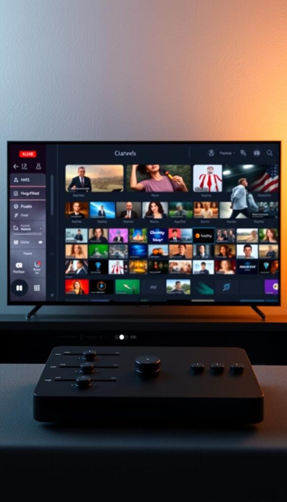 A sleek and intuitive user interface for the Hoxtoon Provider 4K IPTV encoder, showcasing a clean layout with a crisp 4K resolution. The foreground features a central control panel with intuitive sliders and buttons for adjusting video and audio settings, while the middle ground displays a comprehensive channel guide with a visually appealing grid layout. The background blends a soft, muted color palette with subtle texture, creating a professional and modern aesthetic. Subtle lighting casts a warm glow, highlighting the dynamic visuals and enhancing the overall user experience. The image conveys a sense of seamless navigation and control, reflecting the power and versatility of the Hoxtoon Provider 4K IPTV encoder.