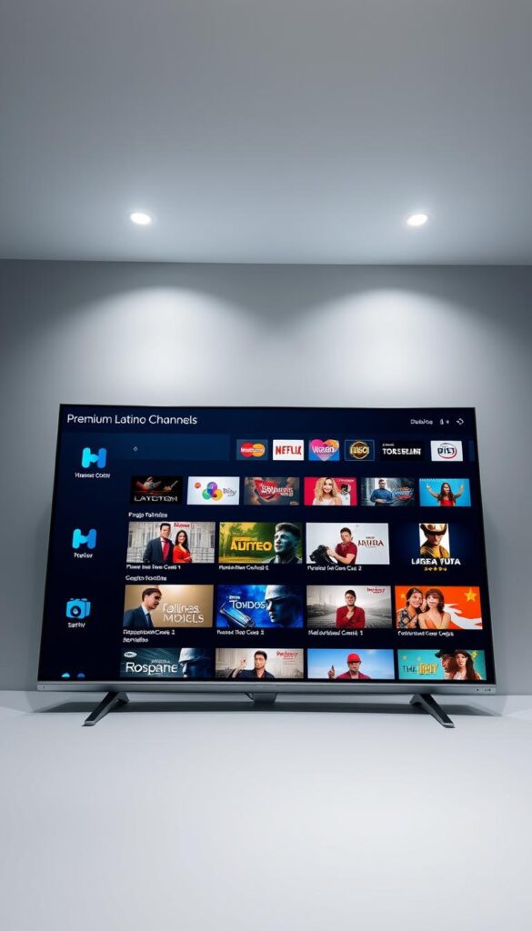 A sleek and intuitive user interface for the Hoxtoon Provider IPTV service, showcasing a clean grid layout of premium Latino channels. The foreground features a prominently displayed Hoxtoon Provider logo, with a refined color palette of blues and grays. The middle ground presents a selection of channel thumbnails, each with vibrant imagery and clear labels. The background incorporates a subtle gradient, evoking a sense of depth and sophistication. The lighting is soft and evenly distributed, creating a comfortable and inviting atmosphere. The camera angle is slightly elevated, providing an overview of the user experience and highlighting the seamless navigation.