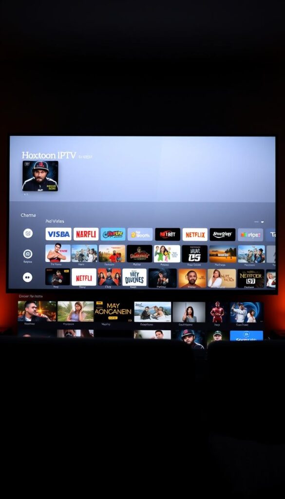 A sleek and intuitive user interface for the Hoxtoon Provider IPTV service. The home screen features a clean grid layout showcasing the vast library of over 21,000 live TV channels and 150,000+ on-demand videos. Navigating is smooth and responsive, with intuitive menus and search functions. The interface is designed for an immersive, cinematic viewing experience, with a subtle, neutral color palette and minimalist iconography. Soft, diffused lighting creates a warm, inviting atmosphere. The interface is optimized for a range of devices, from large-screen smart TVs to mobile phones, ensuring a consistent and enjoyable experience across platforms.