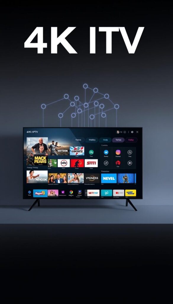 A sleek and modern 4K IPTV interface, showcasing the advanced features and customization options of the Hoxtoon Provider service. In the foreground, a high-definition display presents a variety of content, from live channels to on-demand media, all in stunning 4K resolution. The middle ground features intuitive controls and personalization tools, allowing users to tailor their viewing experience. In the background, a subtle network diagram illustrates the robust infrastructure powering the Hoxtoon Provider platform, delivering a seamless and reliable streaming experience. The overall scene conveys a sense of technological sophistication and user-centric design, highlighting the capabilities of this premium 4K IPTV service.