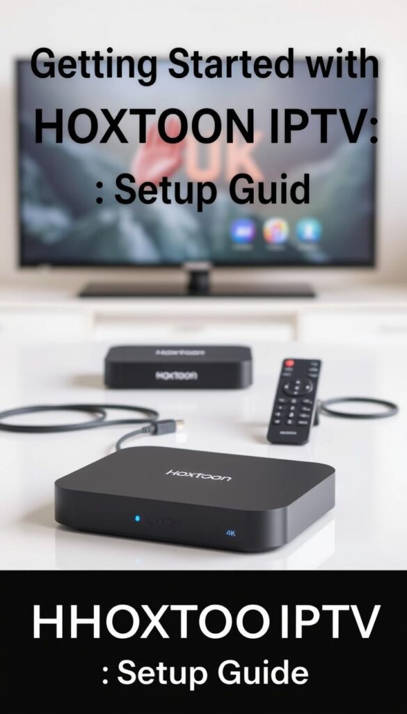 A sleek and modern 4K streaming device arrangement, showcasing the Hoxtoon Provider brand. In the foreground, various streaming devices, such as a compact set-top box, a slim and minimalist remote control, and an unobtrusive HDMI cable, are neatly arranged on a clean, light-colored surface. The middle ground features a blurred, out-of-focus background, creating a sense of depth and focus on the devices. The lighting is soft and diffused, highlighting the smooth, glossy textures of the equipment. The overall scene conveys a sense of simplicity, efficiency, and high-quality 4K streaming capabilities, perfectly suited for the "Getting Started with HOXTOON IPTV: Setup Guide" section.