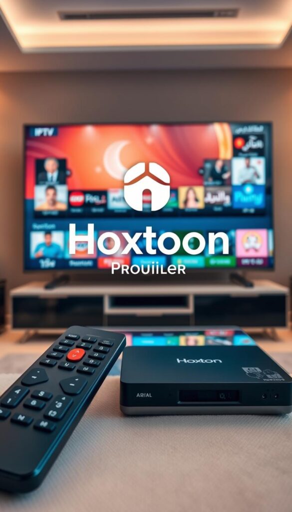 A sleek and modern Arabic IPTV service, with the Hoxtoon Provider brand prominently displayed in the center. The image depicts a living room setup, with a flat-screen TV showcasing a vibrant, high-quality Arabic channel lineup. In the foreground, a high-end remote control and a streaming device, such as a set-top box or dongle, are neatly arranged, emphasizing the reliable and user-friendly nature of the Hoxtoon IPTV service. The background features a minimalist, yet sophisticated home decor, with warm lighting and neutral tones, creating a cozy and inviting atmosphere. The overall composition conveys a sense of trust, quality, and the premium experience that Hoxtoon Provider delivers to its customers.
