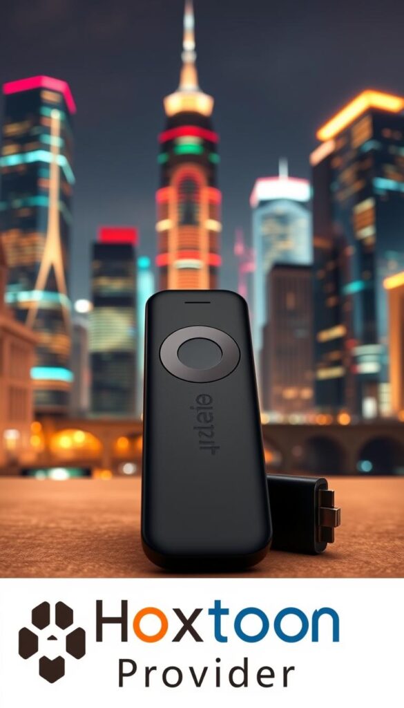 A sleek and modern Firestick device against a backdrop of a vibrant, futuristic cityscape. The Firestick is the focal point, its matte black surface reflecting the neon-lit skyscrapers in the distance. Warm, diffused lighting creates a sense of depth and atmosphere, highlighting the Firestick's clean, minimalist design. In the foreground, the Hoxtoon Provider logo is subtly integrated, conveying the idea of a cutting-edge IPTV service tailored for the Firestick. The overall composition suggests the convenience and technology-driven nature of IPTV streaming on the Firestick platform.