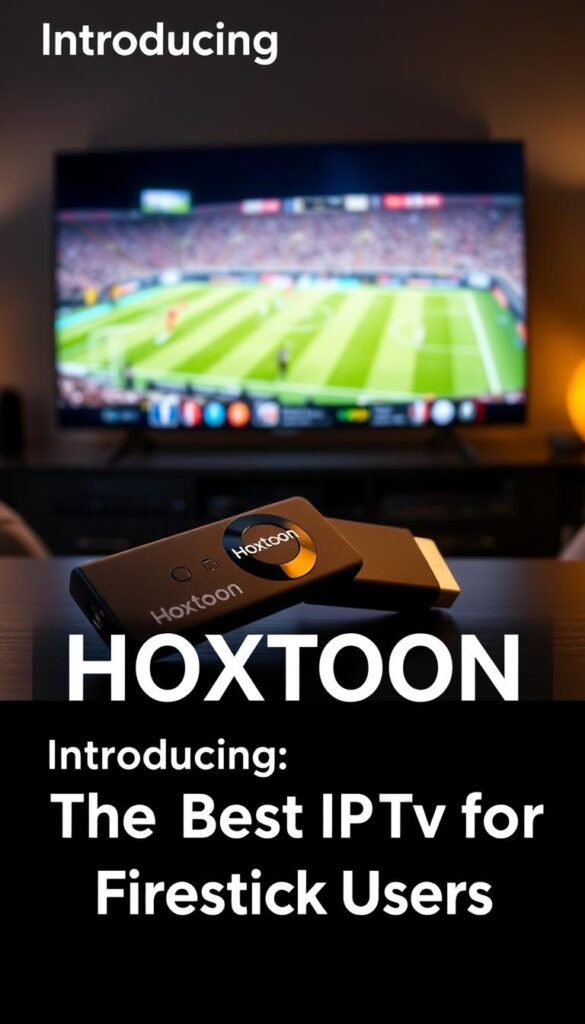 A sleek and modern Firestick device resting on a dark wooden surface, showcasing the "Hoxtoon Provider" brand prominently. The Firestick is bathed in soft, warm lighting, creating a cozy and inviting atmosphere. In the background, a blurred image of a sports event is displayed on a large television, hinting at the exceptional live sports streaming capabilities of the Hoxtoon IPTV service. The scene conveys a sense of comfort, convenience, and access to premium sports content, perfectly aligned with the section title "Introducing HOXTOON: The Best IPTV for Sports Firestick Users".