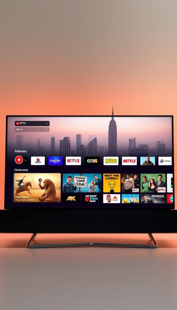 A sleek and modern IPTV app interface, seamlessly integrating the Hoxtoon Provider's cutting-edge streaming technology. The foreground showcases the app's intuitive menu and navigation, with vibrant icons and clean typography. In the middle ground, a selection of popular live channels and on-demand content is displayed, highlighting Hoxtoon's extensive library. The background features a subtle, futuristic cityscape, hinting at the app's advanced, cloud-based infrastructure. The overall scene is bathed in a warm, natural lighting, creating a welcoming and user-friendly atmosphere. The Hoxtoon Provider logo is prominently featured, establishing the brand's identity and expertise in the IPTV domain.