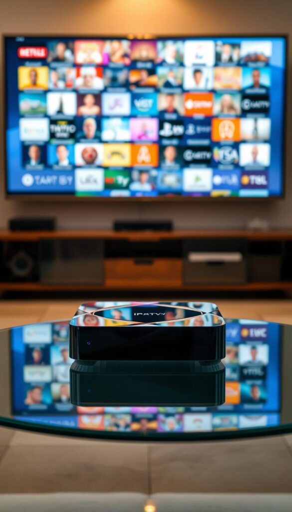A sleek and modern IPTV box sits prominently on a minimalist glass table, surrounded by a warm, diffused lighting that creates a cozy atmosphere. The box's clean lines and glossy black finish evoke a sense of high-tech sophistication. In the background, a large, high-definition television screen displays a vibrant, colorful array of channels, hinting at the boundless entertainment possibilities offered by the "Hoxtoon Provider" IPTV service. The scene conveys a seamless integration of cutting-edge technology and the comfort of a well-appointed living room, capturing the essence of the "Revolution of Television Entertainment with IPTV".