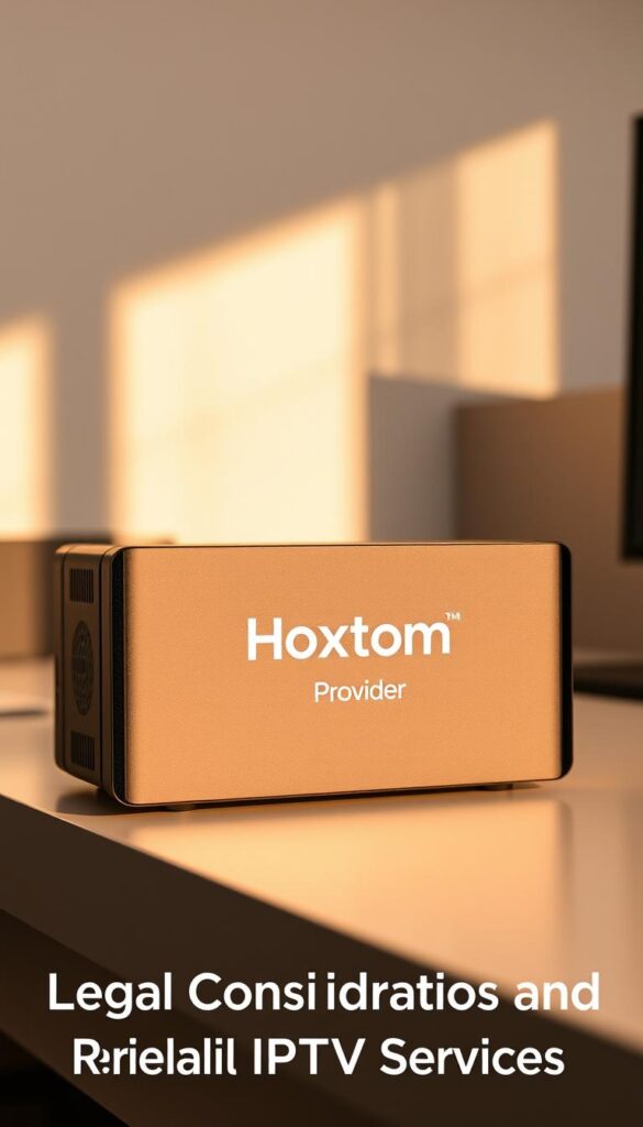 A sleek and modern IPTV box with the Hoxtoon Provider logo prominently displayed on the front panel. The box is positioned on a minimalist desk, bathed in warm, directional lighting that casts subtle shadows. The background features a clean, minimalist environment, perhaps an office or home entertainment setup, hinting at the box's reliable and legal nature. The image conveys a sense of professionalism, quality, and trustworthiness, reflecting the "Legal Considerations and Reliability of IPTV Services" section of the article.