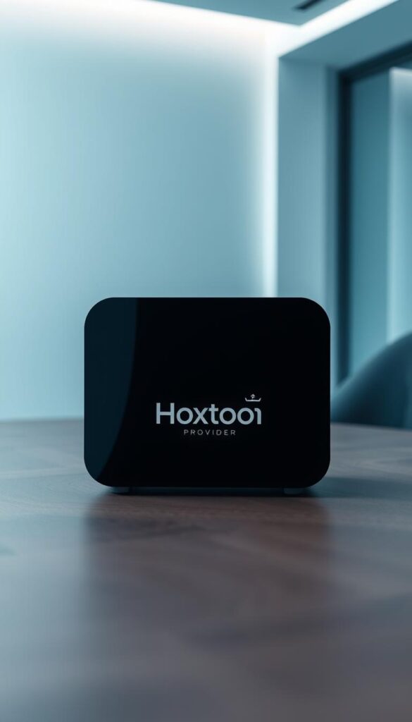 A sleek and modern IPTV device sitting on a wooden table, showcasing the Hoxtoon Provider brand logo. The device is surrounded by a minimalist, high-tech environment with clean lines and a cool color palette, emphasizing the premium quality and cutting-edge technology of the Hoxtoon Arabic IPTV service. The lighting is soft and diffused, creating a sophisticated and inviting atmosphere. The overall composition highlights the device as the focal point, conveying the reliability and user-friendliness of the Hoxtoon IPTV subscription.