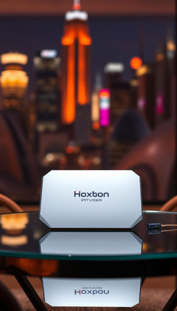 A sleek and modern IPTV device with the Hoxtoon Provider logo prominently displayed on its front panel. The device sits on a minimalist, glass-topped table, bathed in warm, diffused lighting that creates a cozy, inviting atmosphere. In the background, a blurred cityscape with skyscrapers and neon lights reflects the urban, futuristic vibe of the scene. The device's clean, angular design and high-tech aesthetic convey a sense of premium quality and advanced technology, perfectly capturing the essence of the "Dream Player IPTV" product.