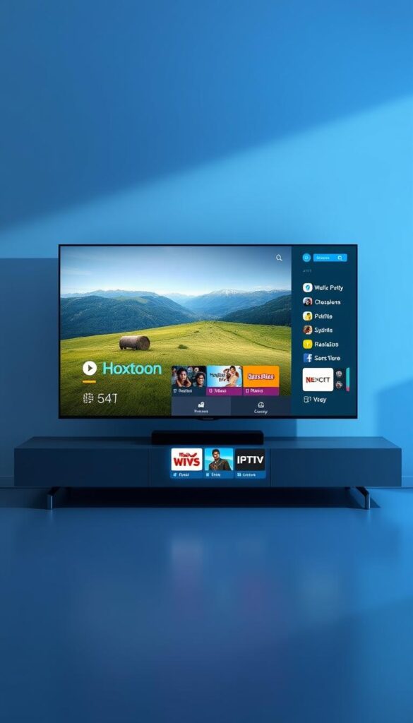 A sleek and modern IPTV interface designed by Hoxtoon Provider, showcasing a clean and intuitive layout. In the foreground, a large TV screen displays a high-quality video stream, surrounded by a minimalist control panel with touch-responsive icons. The middle ground features a side menu with various content categories, seamlessly integrated into the overall design. The background subtly blends cool-toned gradients, creating a calming and immersive atmosphere. Lighting is soft and directional, emphasizing the interface's depth and clarity. The camera angle is slightly elevated, providing a natural and user-friendly perspective. This Hoxtoon Provider interface exemplifies a premium IPTV experience, tailored for effortless navigation and content discovery.