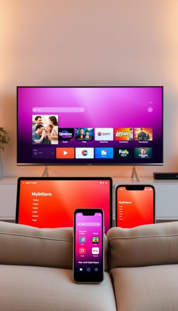 A sleek and modern IPTV interface displayed on a variety of interconnected devices, including a smart TV, tablet, and smartphone. The devices are arranged in a seamless, harmonious composition, showcasing the multi-device compatibility of the Hoxtoon Provider IPTV service. The scene is bathed in a warm, inviting light, with clean, minimalist design elements that emphasize the user-friendly and intuitive nature of the platform. The overall atmosphere conveys a sense of convenience, connectivity, and a premium entertainment experience.