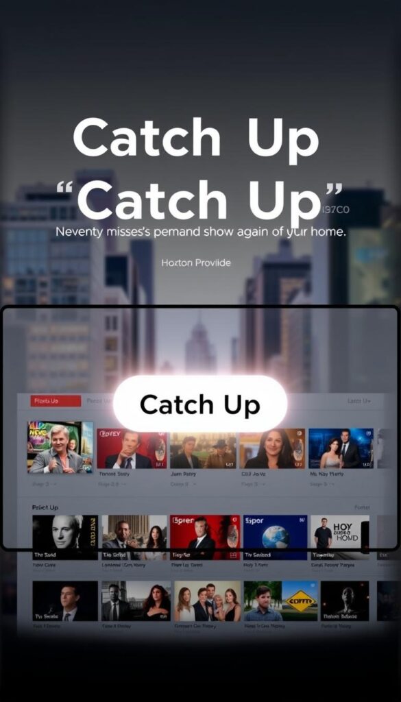A sleek and modern IPTV interface showcasing the advanced Catch Up feature of the Hoxtoon Provider. In the foreground, a clean and intuitive dashboard displays a selection of recently aired shows, with large thumbnails and episode titles. The middle ground features a prominent "Catch Up" button, glowing with a soft, alluring light, inviting the user to explore missed content. In the background, a blurred cityscape sets the scene, hinting at the convenience of on-demand streaming from the comfort of one's home. The overall mood is one of effortless sophistication and the promise of never missing a favorite show again, thanks to Hoxtoon Provider's cutting-edge Catch Up functionality.