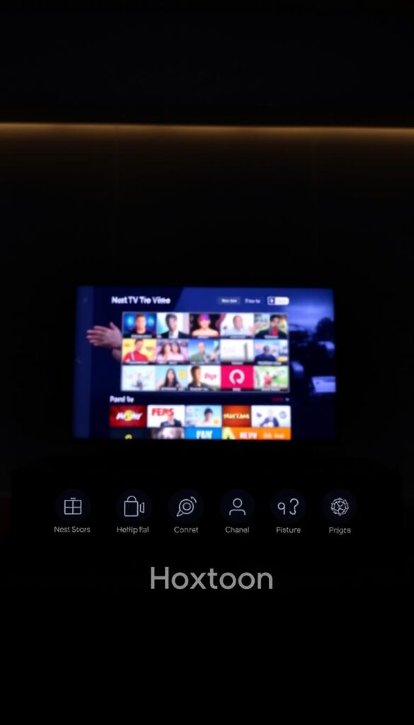 A sleek and modern IPTV interface with the Hoxtoon Provider brand prominently displayed. The foreground features a clean, intuitive navigation menu with easy-to-understand icons and labels. The middle ground showcases a vibrant, high-definition live TV feed, presenting a diverse selection of channels. The background subtly blends a minimalist, dark-themed design with subtle lighting accents, creating a comfortable and immersive viewing experience. The overall composition conveys a sense of sophistication, functionality, and the Hoxtoon Provider's commitment to delivering a seamless user experience.