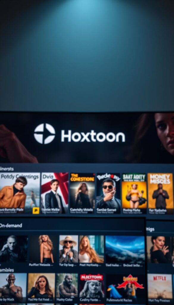 A sleek and modern IPTV service interface, featuring the Hoxtoon Provider brand prominently displayed. The foreground showcases a range of on-demand entertainment options, with high-quality thumbnails and intuitive navigation. The middle ground highlights a selection of popular movies and TV shows, while the background conveys a sense of cinematic ambiance with soft lighting and a subtle film grain effect. The overall composition suggests a seamless, immersive experience of on-demand entertainment at the user's fingertips.
