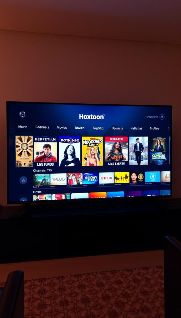 A sleek and modern IPTV service interface showcasing the premium Latino entertainment options, with a prominent "Hoxtoon Provider" logo. The screen displays a diverse array of channels, movies, and live events catering to the vibrant Latino community. Soft, warm lighting illuminates the interface, creating a welcoming and immersive atmosphere. The layout is clean and intuitive, making navigation a seamless experience. In the background, a vibrant cityscape featuring Latin American architectural elements sets the scene, hinting at the cultural richness of the IPTV service.