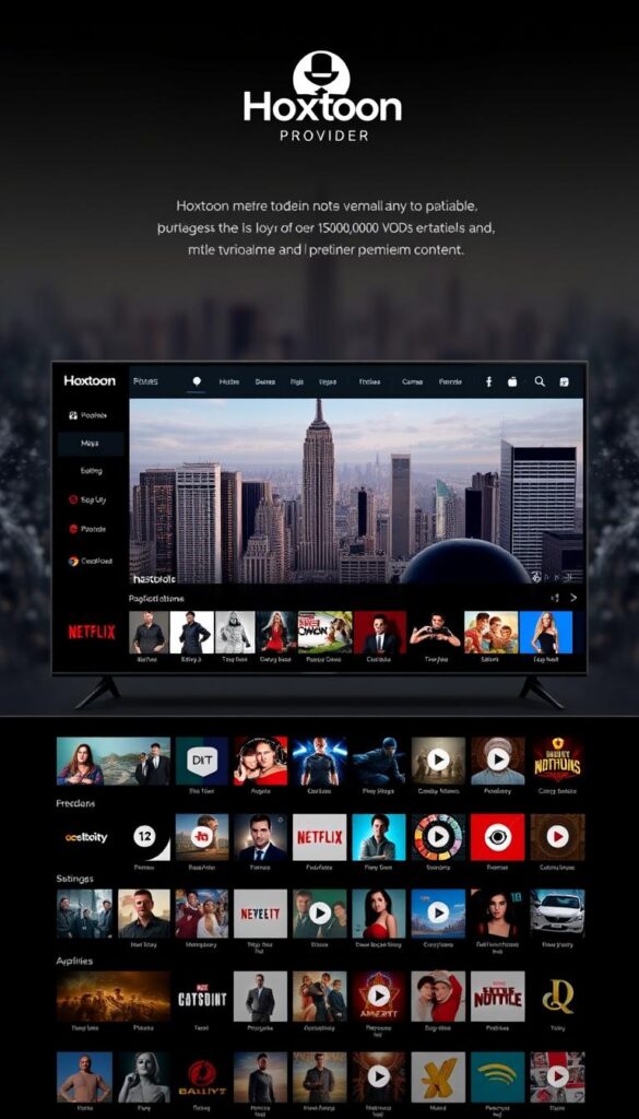A sleek and modern IPTV service interface with the Hoxtoon Provider brand name prominently displayed. The layout features a rich, premium-looking design with clean lines, elegant typography, and a balanced composition. In the foreground, an array of high-quality content thumbnails and category icons evoke the vast library of over 150,000 VODs available. The middle ground showcases a large, crisp hero image highlighting the breadth of entertainment options. The background depicts a softly blurred cityscape, conveying a sense of urban sophistication. The overall mood is one of refined luxury, seamlessly blending technology and premium content to elevate the viewer's experience.